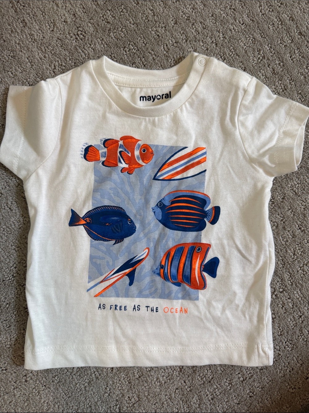 Mayoral White Tee with Orange & Navy Fish Motif